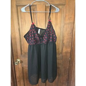 Cacique Womens Plus Size 26/28 Black Red Heart Print Mesh Babydoll Chemise